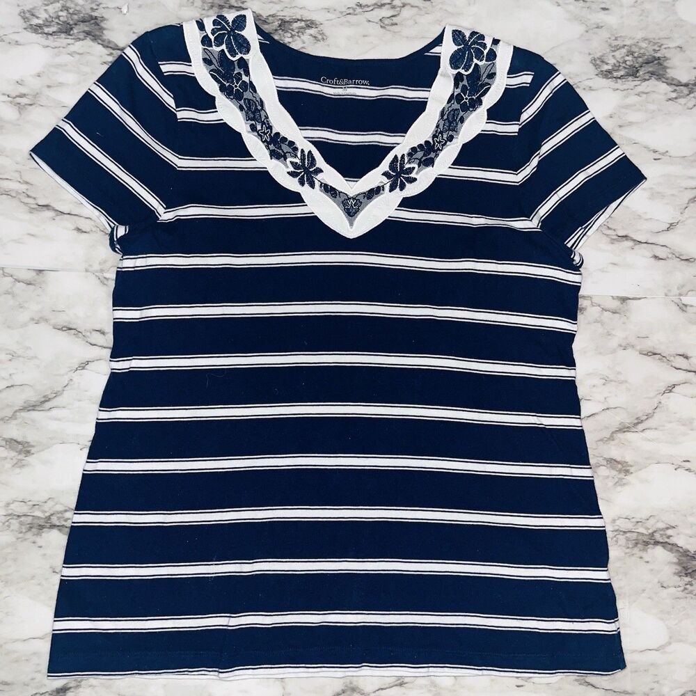 Croft & Barrow Short Sleeve Striped Lace V-neck Blue Women M Nautical Boho